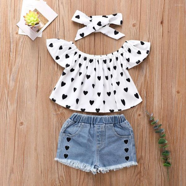 Sets de ropa Copa de verano Baby 2023 Love Top Denim Shorts 2pcs Niñas Niñas Pittler 2-6 años