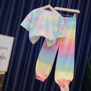 Kleding Sets Meisjes 2023 Zomer Mode Ijs Zijde Regenboog Gradiënt Kleur Losse 2 Stuks T-shirts Broek Past 3 12 Jaar Kids Tie Geverfd 230731