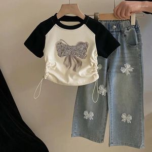 Ensembles de vêtements filles 2024 Bloc de couleur lettre supérieure Bright Diamond T-shirt Fashion Mesh Bow Jeans Vêtements Vêtements