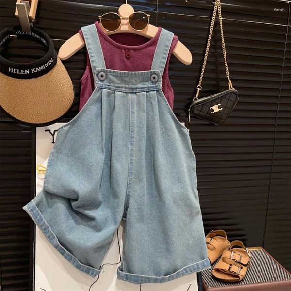 Conjuntos de ropa Girls 2024 Summer estilo coreano Color sólido Jeans Jeans de dos piezas Moda informal ropa cómoda