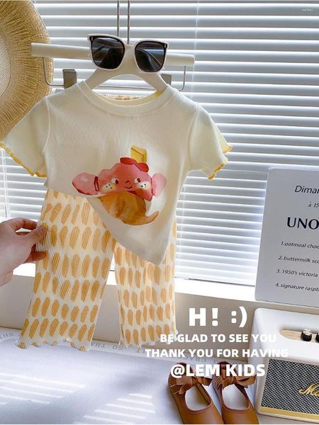 Conjuntos de ropa para niñas, camiseta con estampado de dibujos animados de verano, pantalones coreanos de pierna ancha y recta, pantalones a prueba de mosquitos, 2023