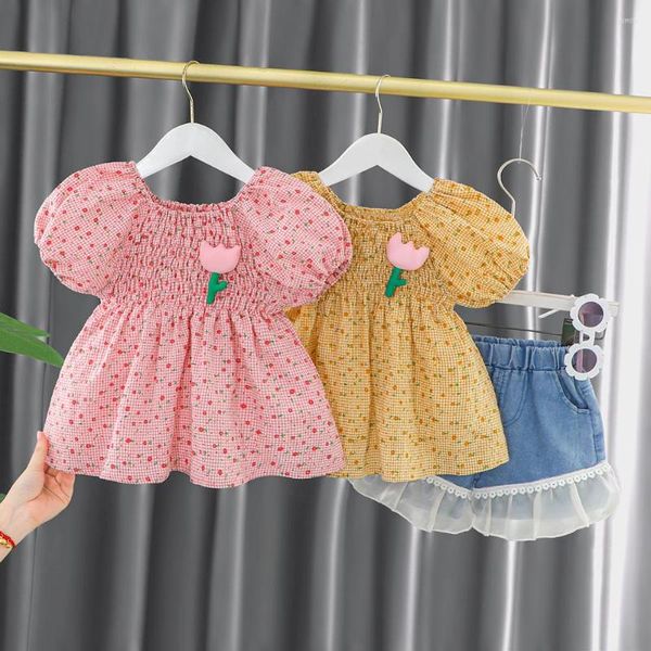 Conjuntos de ropa Conjunto de moda de verano para niñas Edición coreana Pantalones cortos de manga de burbuja fragmentada para niños de dos piezas