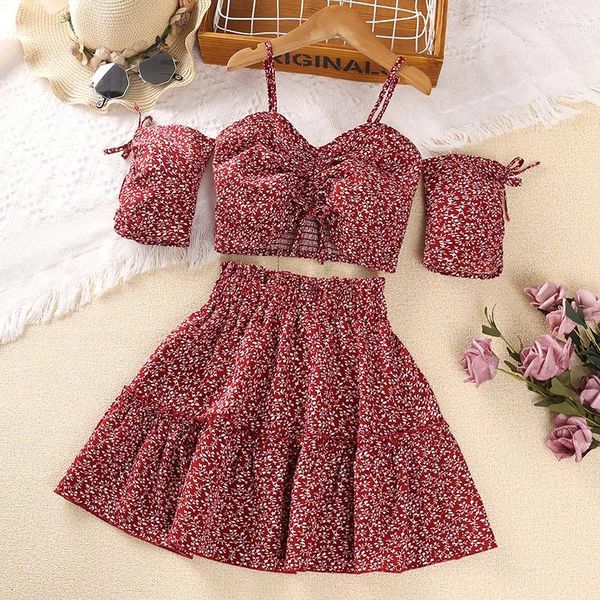 Vêtements sets filles 8-12 ans Petite fille rouge floral licou floral jupe de style coréen costumes de vêtements décontractés d'été