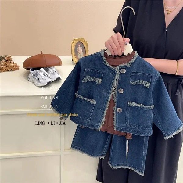 Vêtements de vêtements Girls Automne et Winter Water Washing Denim Long-Sleeved Top Two -Cice Wide-leg Jeans Girl Veste