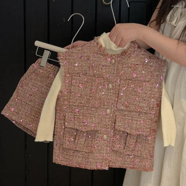 Conjuntos de ropa Conjunto casual de otoño para niñas Traje de estilo coreano Moda Chaleco con lentejuelas Tops Pantalones cortos 2ps Fiesta para niños Trajes de un solo pecho