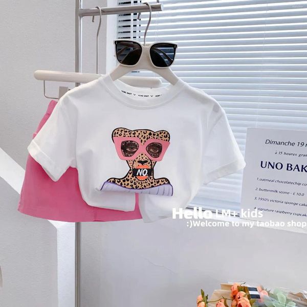 Sets de ropa Girls Baby Set 2024 Summer Corea Leopardo Estampado Camiseta de manga corta Falda de mezclilla Dos piezas para niños
