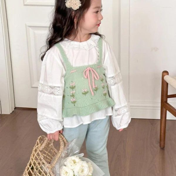 Vêtements Ensembles Blouse Blouse Vest Kids Cost 2pcs / Set Cotton 2024 Retro Spring Autumn Jogging Suit adolescents Enfants