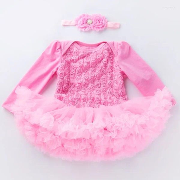 Ensembles de vêtements pour filles, barboteuse à manches longues, robe Tutu pour bébé, fleurs roses, princesse, cadeaux de fête de 1er anniversaire