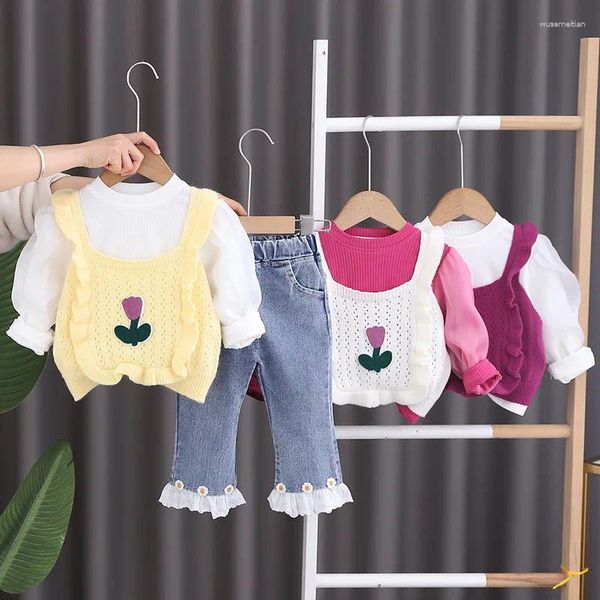 Vêtements Ensembles filles vêtements printemps automne enfants en laine jersey vset t-shirts pantalon denim 3pcs costume pour bébé princesse.