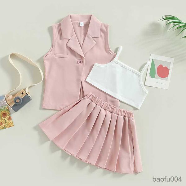 Conjuntos de ropa Ropa para niñas Traje Moda de verano Niños Ropa para niños Camisola para bebés Falda plisada elástica y chaqueta sin mangas 3 piezas Set R230823