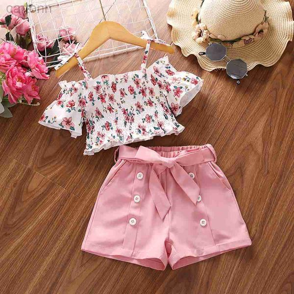 Ensembles de vêtements Ensembles de vêtements pour filles Costume décontracté d'été Vêtements pour enfants Bretelles à manches courtes Chemise à imprimé floral Shorts Enfants 4-7 ans ldd240311