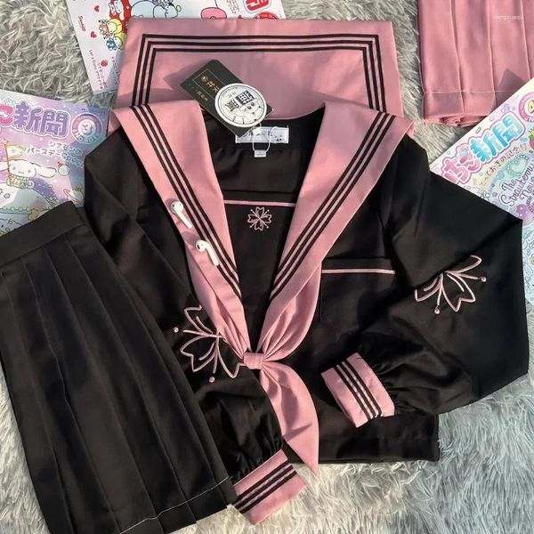 Ensembles de vêtements pour filles, uniformes scolaires de Cosplay en rose et noir, style JK, costume de marin à manches courtes, collège japonais, Anime doux