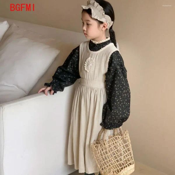 Ensembles de vêtements Filles Robe 2023 Automne Fille Bébé Coréen Solide Vintage Débardeur Tenues Enfants Casual Col En Dentelle Chemise Deux Pièces Ensemble