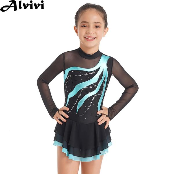 Vêtements Ensembles Filles Figure Patinage Vêtements Ballet Tutu Danse Gymnastique Justaucorps Robe À Manches Longues Brillant Sheer Mesh Dancewear 231212