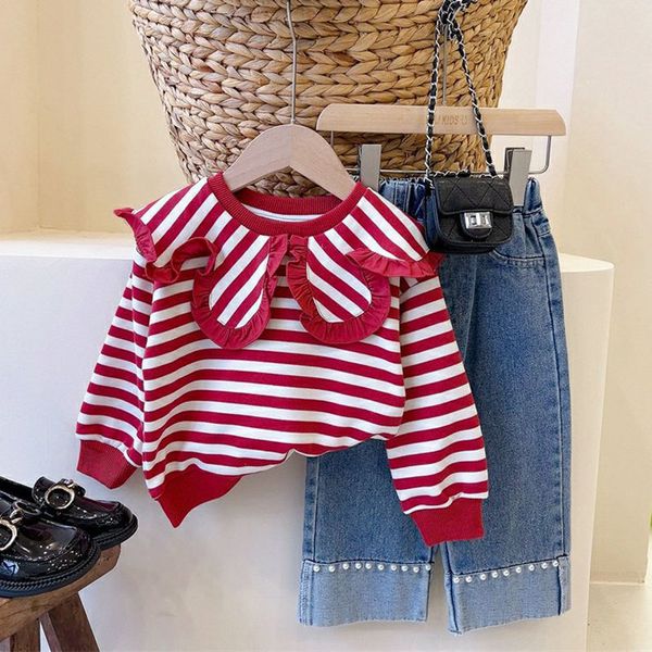 Ensembles de vêtements filles pour printemps et automne rayé col de poupée haut pull perlé jean enfants ensemble mode enfants tenue 230923