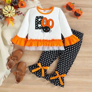 Ensembles de vêtements Girls Halloween Dot à manches longues Cartoon Broidered T-Tops Tops Pantalons Flare Pant