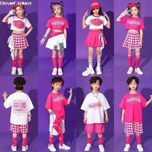 Kledingsets Girls Hip-Hop Pink Top Rose Plaid Rok Boys T-Shirt Street Dance Shorts Childrens Cute Summer WX5.235764