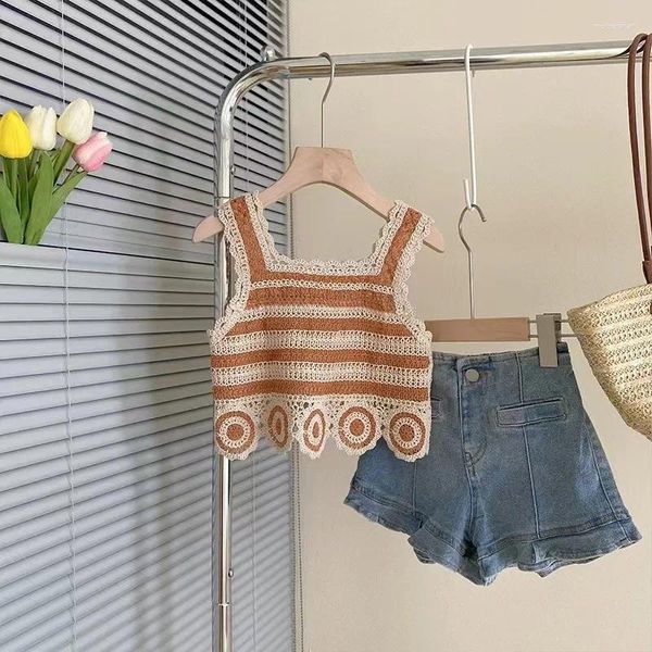 Vêtements Ensembles Girls Cremplies Crochet Tricotet Vest Set Baby Girls 'Summer Soux Vacation Struited Top Top Soft Denim Shorts Tenue