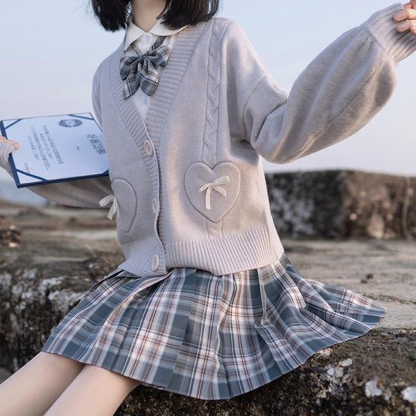 Ensembles de vêtements Filles Japonais Coréen Uniforme scolaire Cardigan tricoté Costume d'étudiant Collège Jeunesse Pureté Printemps Automne Pull de mode doux
