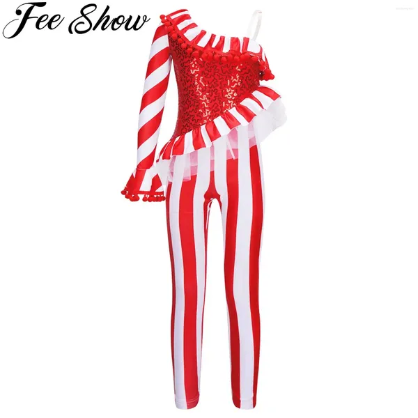 Vêtements Ensembles Girls Kids Orday Candy Cane Cane United United Jumps Suit Squins Ruffle Pom Trim BodySuit Ballet Dance Cheer Performance Costume