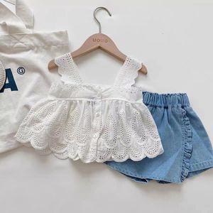 Kleding Sets Meisjes Outfit Zomer Kinderkleding Lace Edge Pure White Baby Meisje Casual Jarretel Denim Rok Kinderen s 230731