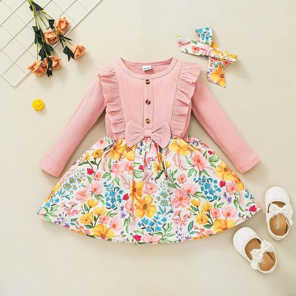 Ensembles de vêtements Filles Impression Robe d'automne Côtelée Couture florale Volant Manches longues Jupe décontractée Bande de cheveux pour enfants 18 mois à 6 ans