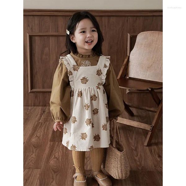 Ensembles de vêtements pour filles Rose Broidered Shirt Sangle Robe Set 2024 Spring Automne Children's