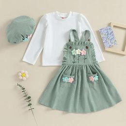 Conjuntos de ropa Conjunto para niñas Camisa de manga larga acanalada Patrón de flores 3D Falda con tirantes Sombrero Otoño Vestido de fiesta con cuello redondo