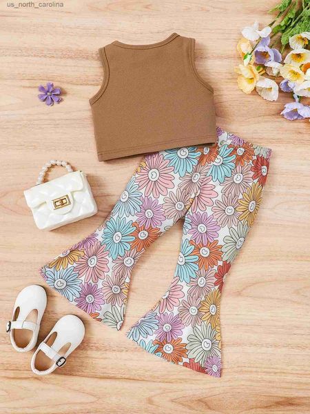 Conjuntos de ropa Conjunto para niñas Cuello redondo Manga corta Top Flor Pantalones acampanados Pantalones largos Moda Nuevo Viaje de playa Ajuste suelto R231106