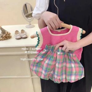 Conjuntos de ropa Juego de niñas Corea del Sur Summer Simple Pink Knitt Toqule+Bud Shorts sólidos Set adecuados para deportes y estilo casual J240518