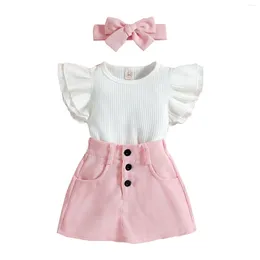 Vêtements Ensembles de filles Souet Summer White Flying Sleeves Round Cou Round Pocket Poche courte Jupe Solie Butfly Tie Hair Band Baby Girl Cold Girl