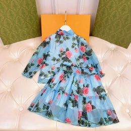 Kledingsets meisjes lente en herfst 2022 nieuwe kinderblauwe rozenbloempak chiffon shirt rok 2 -stuk set w230210