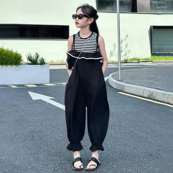 Vêtements Ensembles de pantalon de sangle pour filles Set Summer 2024 Girl Fashion Stripe Stripe Feet Two Piece's Two Piece