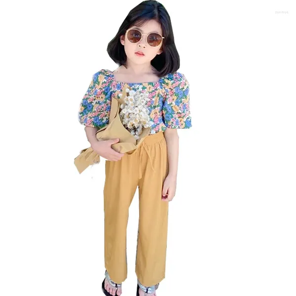 Conjuntos de ropa Traje para niñas Traje para niños 2023 Verano Retro Floral Burbuja Top de manga corta Pantalones de pierna ancha de dos piezas