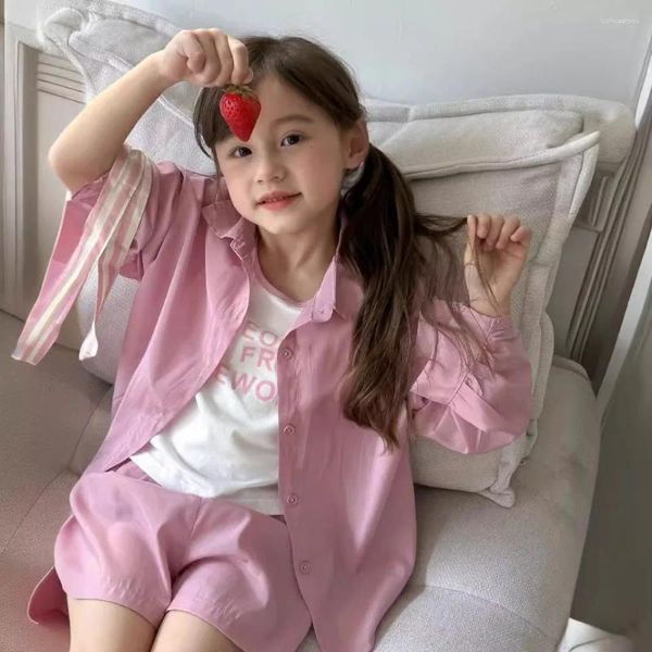 Vêtements Ensembles Girls Suit Korean Style 2024 Été Color Solid Color Short Top Top Three Piece Fashion Comfort Children Enfants