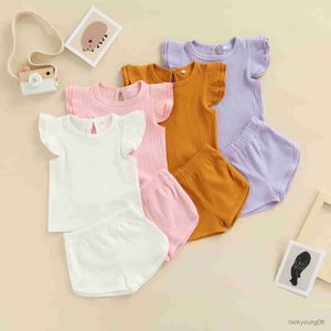 Ensembles de vêtements filles été bébé vêtements couleur unie mouche manches t-shirt topandshorts fille