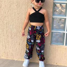 Kleding sets meisjes zomerkleding kinderen mouwloze halter cross crop tops met graffitikroek kinderen casual voor 2-7 jaar