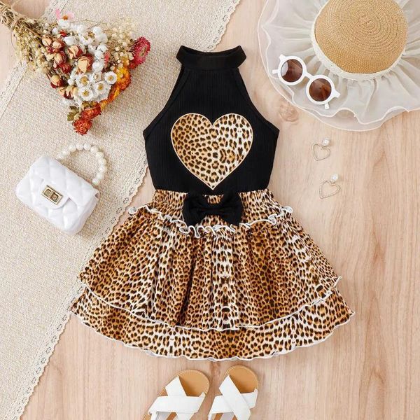 Conjuntos de ropa para niñas Summer Hanging Leopard Pattern Love Vest Vest Bow Lace Cake Falda Niños Fashion 4-7y