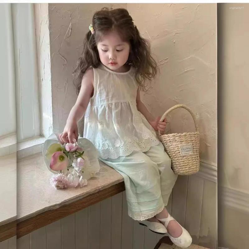 Clothing Sets Girls Summer Set 2024 Fashionable Children's Dress Baby Fashion Lace Sleeveless Two Piece