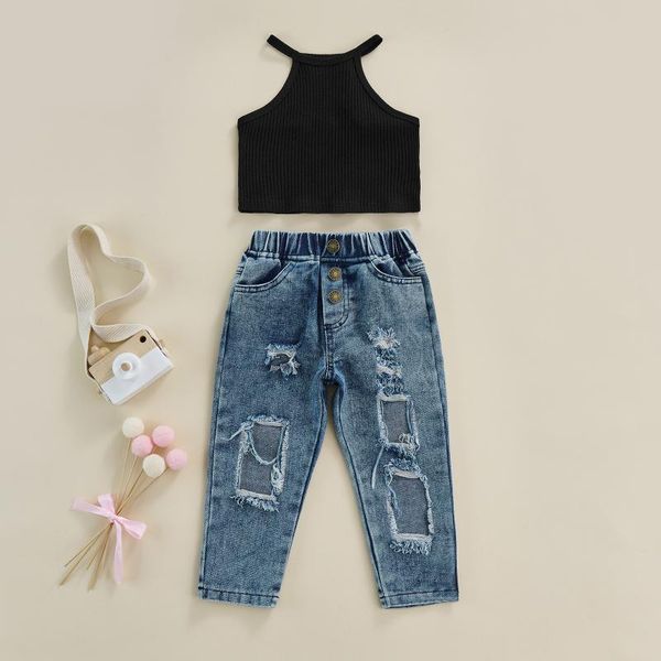 Ensembles de vêtements filles été solide sans manches débardeur jean déchiré 2 pièces pour enfants bébé vêtements tenues vêtements