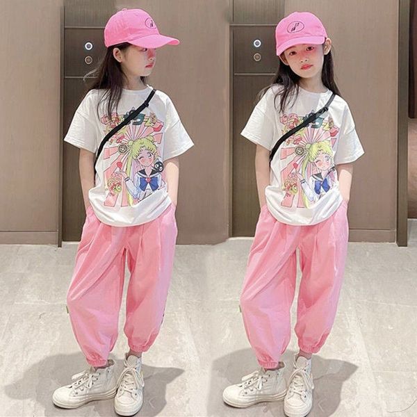 Ensembles de vêtements Filles Costume d'été Style coréen Jeunes adolescentes Mode Anime Imprimer T-shirtsPants 2pcs Ensembles 4-14 ans Vêtements pour filles 230918