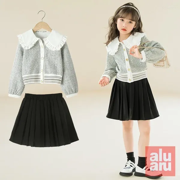 Conjuntos de ropa chicas set de dos piezas 2024 primavera otoño delgada coreana muñeca muñeco cubo de cuello vestido plisado fan princesa