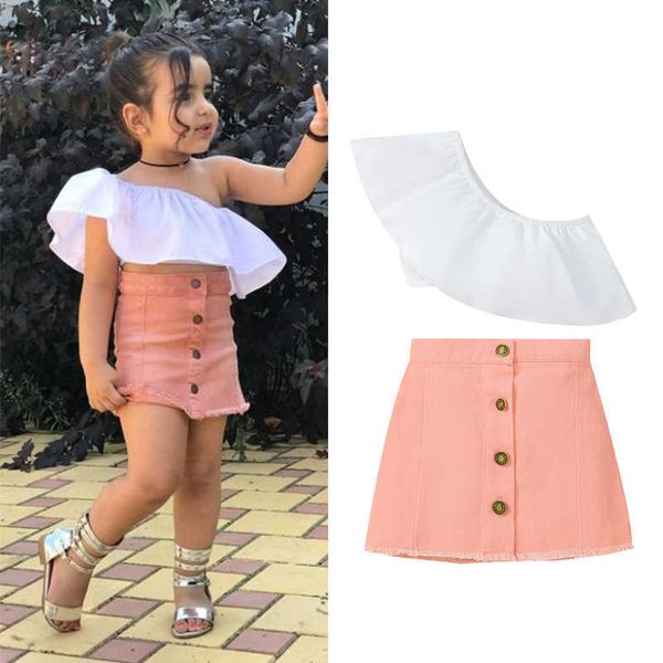 Conjuntos de ropa Niñas Dos piezas Ropa Traje Moda Niños Bebé Niña Con Volantes Diseño De Hombro Inclinado Tops Faldas De Cintura Alta P230315