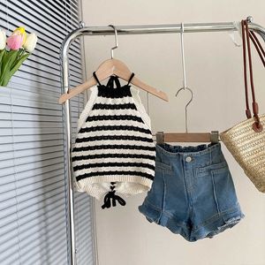 Kleding sets meisjes vintage gestreepte breien riem nek sling zomervakantie vest jeans twope -oce set peuter meisje kinderen boetiek kleding