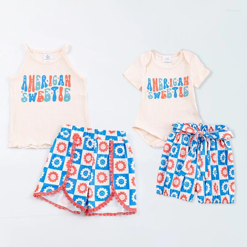 Kläder sätter Girlymax 4 juli självständighetsdagen syskon amerikansk älskling sommar baby flickor shorts set romper barn kläder