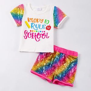 Kledingsets Girlymax Terug naar schooloutfit Meisjeskleding Bus ABC Potlood Luipaardoverhemd Pailletten Shorts Set Baby Kinderruches