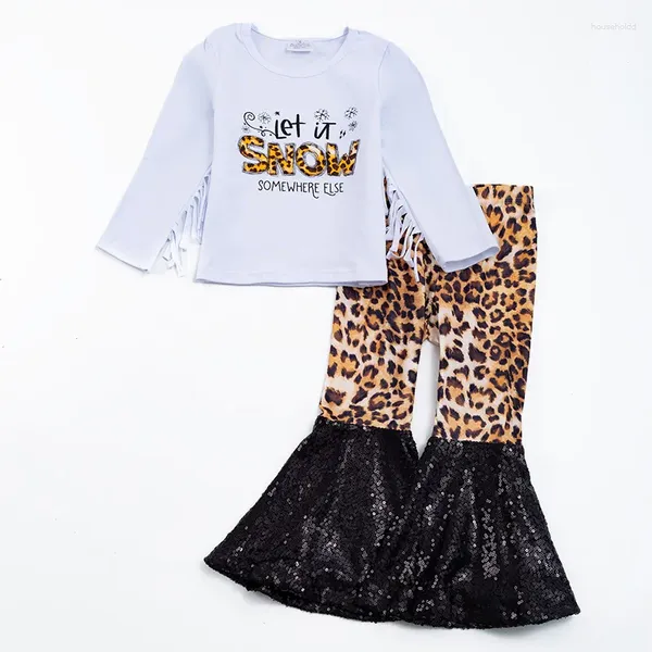 Conjuntos de ropa Girlymax Christmas Baby Girls Let It Snow Leopard Lentejuelas Pantalones acampanados Volantes Borla Conjunto Algodón Niños