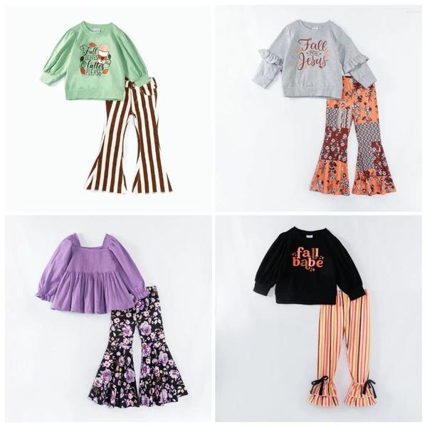 Conjuntos de ropa Girlymax Otoño Otoño Bebés Mangas largas Smocked Floral Stripe Denim Jeans Pantalones Set Niños