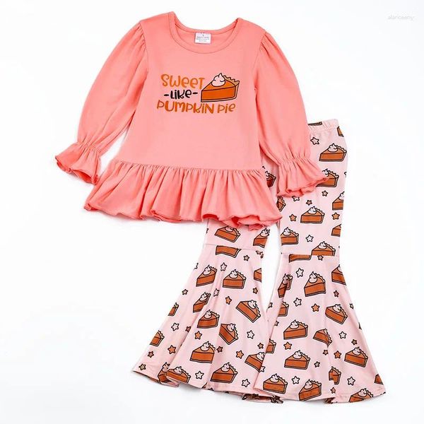 Ensembles de vêtements Girlymax automne automne Thanksgiving bébé filles enfants vêtements corail citrouille tarte impression tenue volants pantalon évasé ensemble