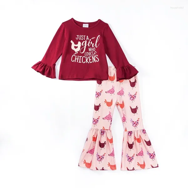 Ensembles de vêtements Girlymax automne bébé filles enfants vêtements vin amour poulets ferme lait soie cloche-bas pantalon évasé volants t-shirt ensemble